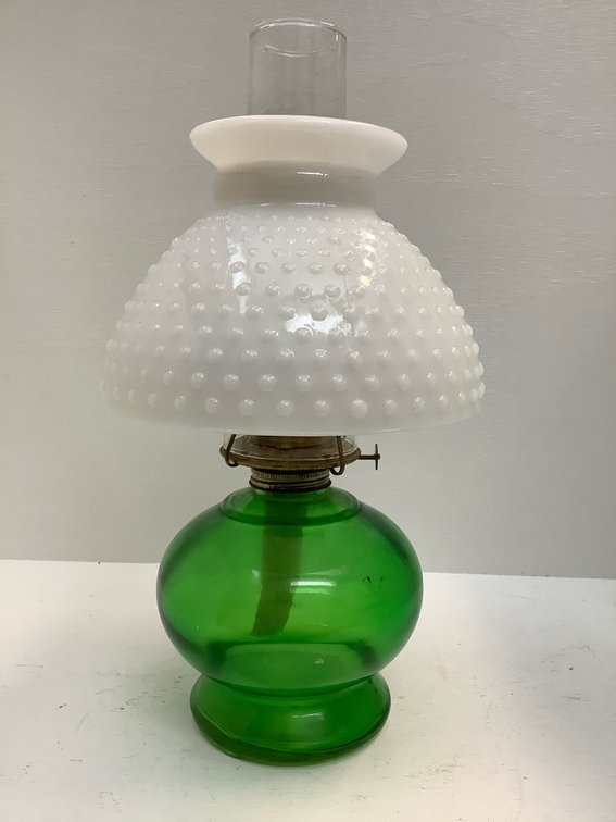 Green glass oil lamp 15 inches tall