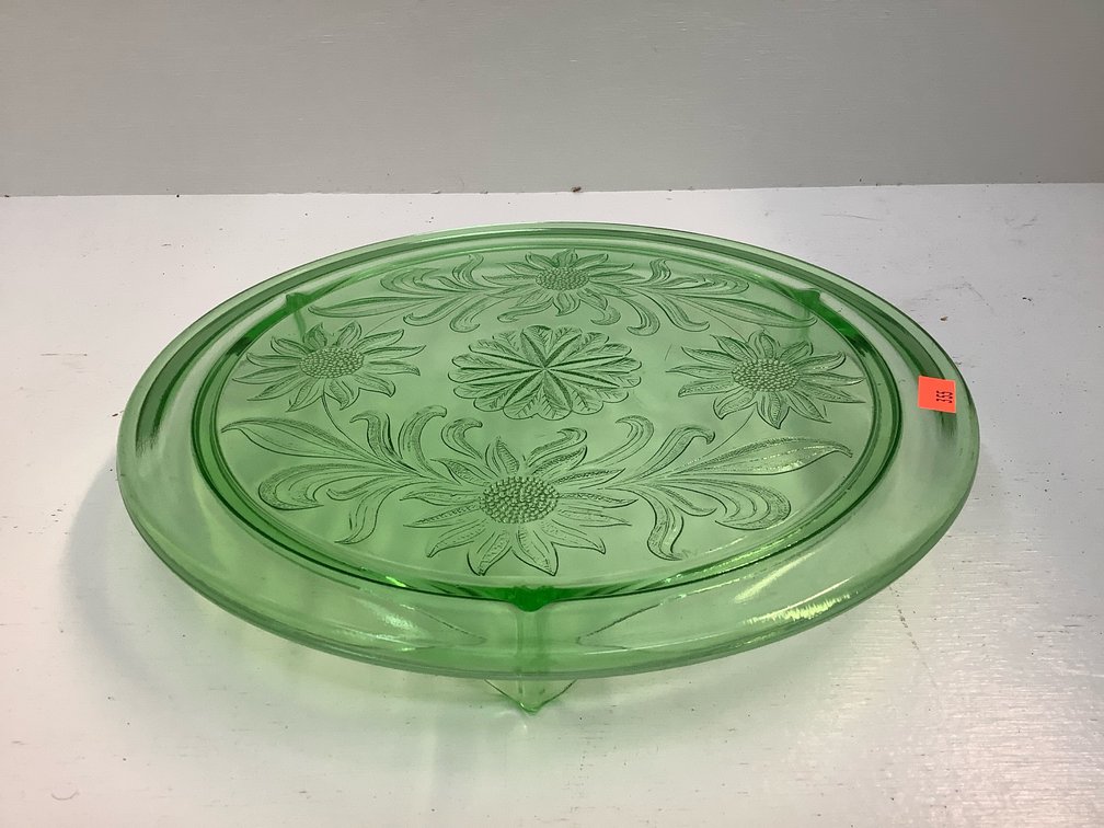 Green depression footed cake stand 10 inch diameter