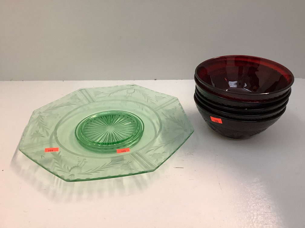 Ruby red bowls, green depression pedstal  plate