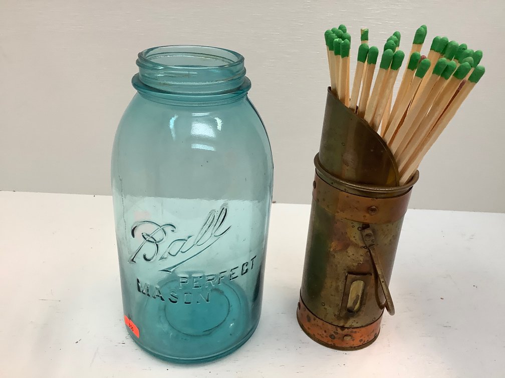 Blue Ball Mason jar, copper holder and long matches