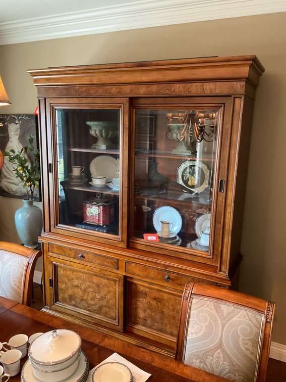 Ethan Allen lighted china cabinet 2 pieces 65x19x87”-Formal dining room