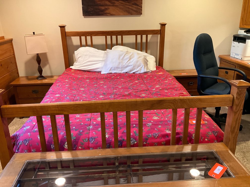 Queen size bed with bedding-Basement bedroom
