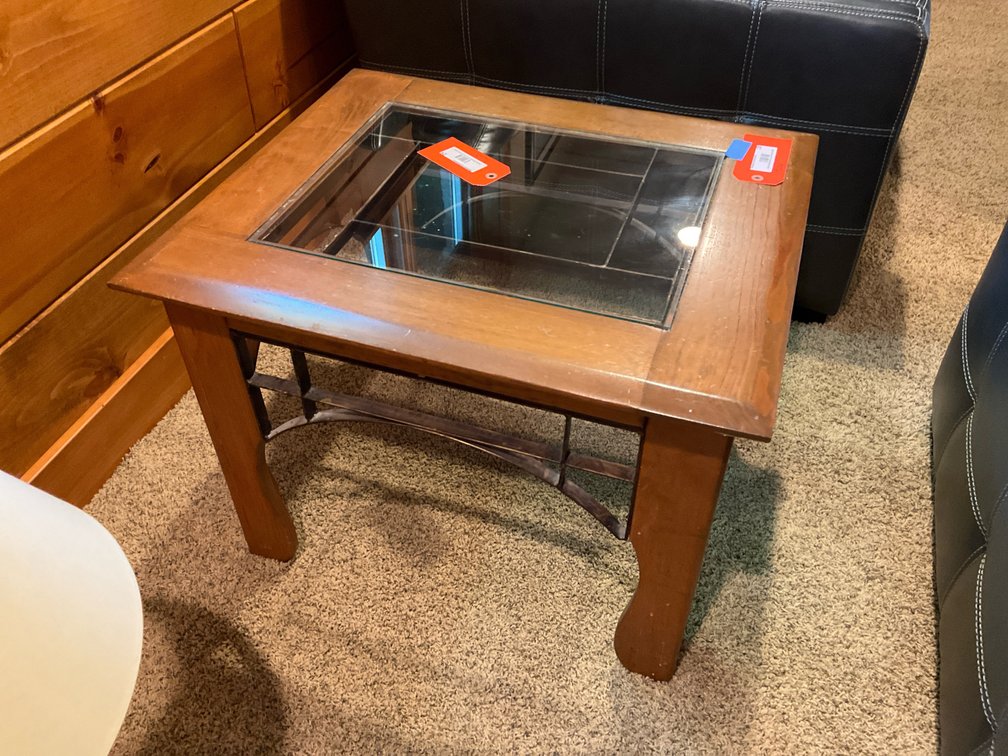 Lamp table with glass insert 23x27x20”-Basement living room