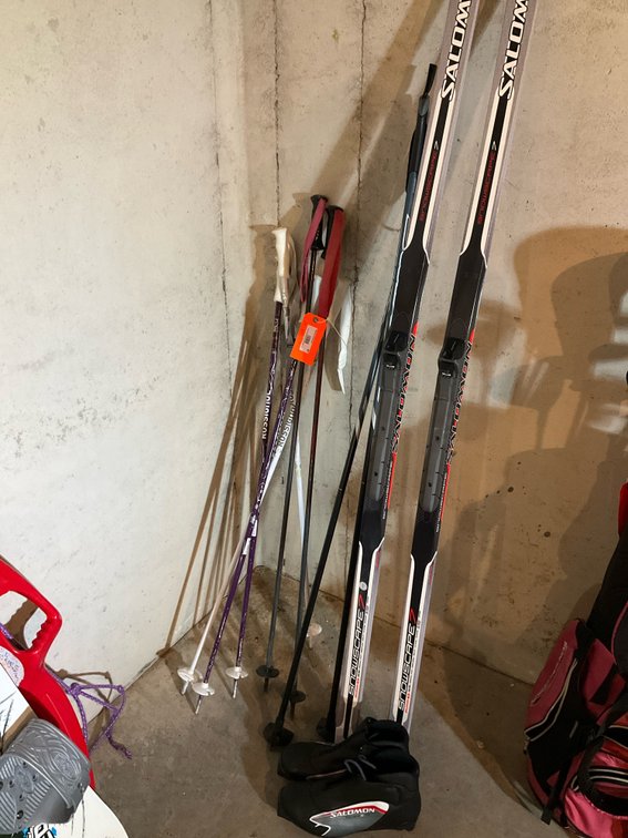Salomon cross country skis, poles & size 10.5 ski boot-Basement