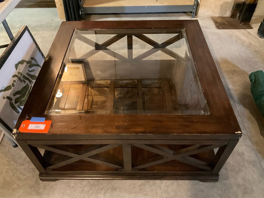Square coffee table with glass insert 36x36x17”-Basement