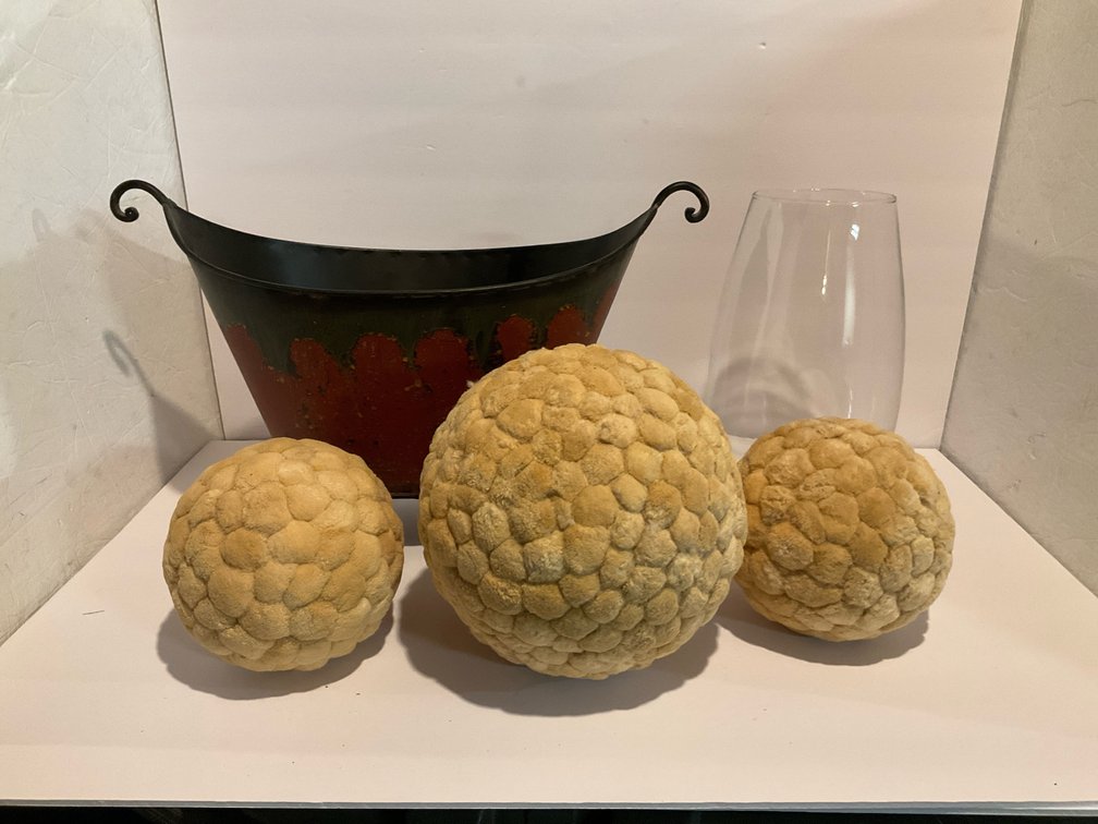 Glass vase, decorator soft balls & metal basket-Basement