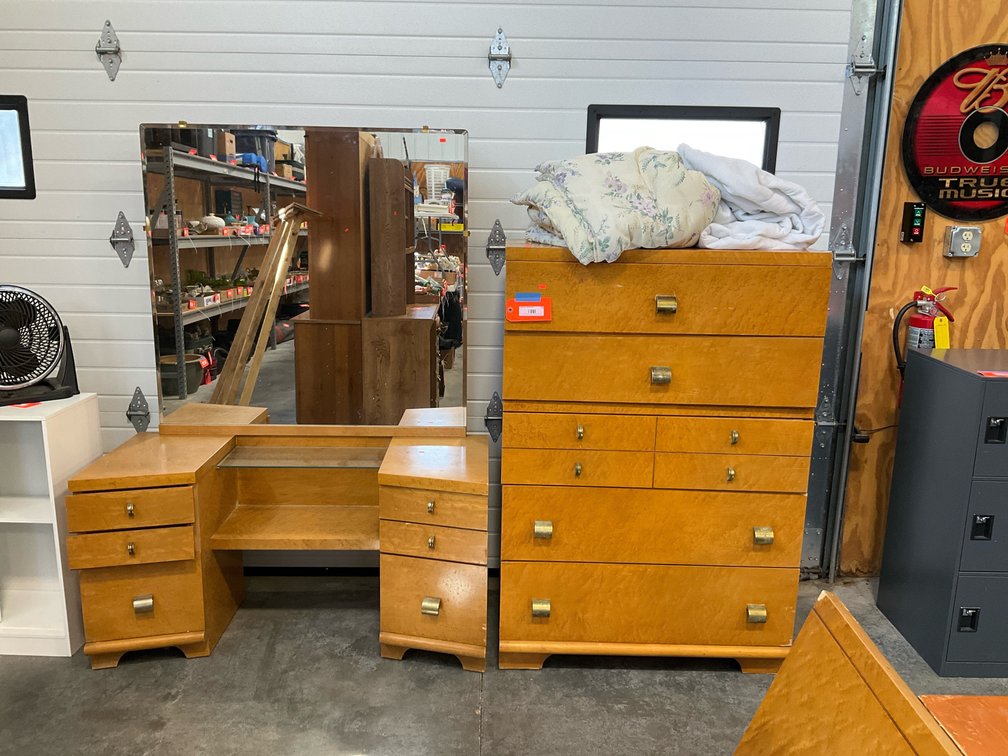 Five drawer chest, vanity with mirror, full size headboard, footboard, bed frame