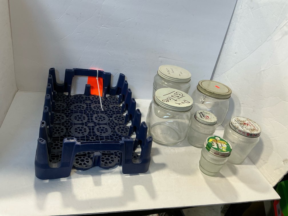 Plastic Pepsi crate & assorted glass jars