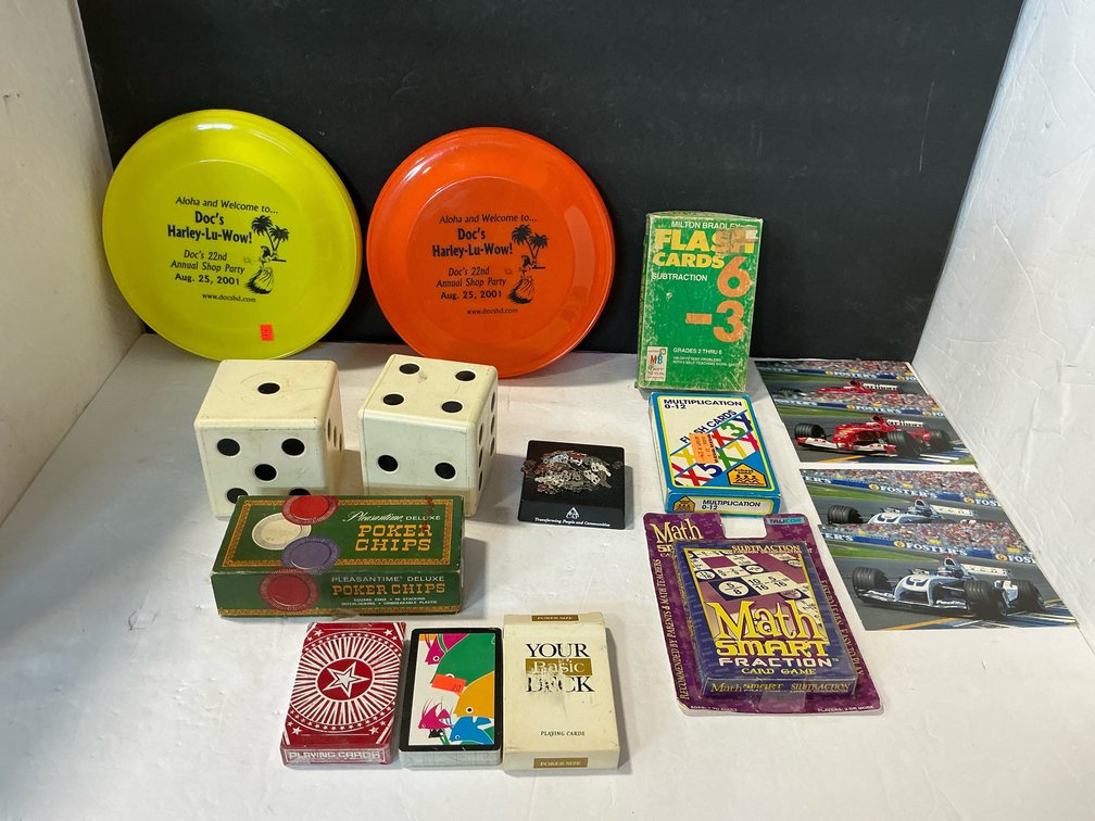 Flash cards, frisbees, dice & assorted