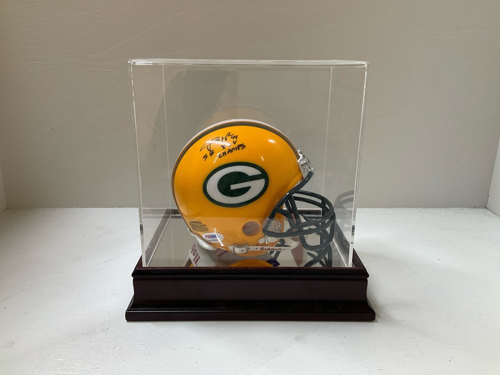 Autographed mini Packer helmet in acrylic display case with COA