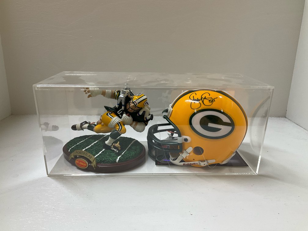 Autographed mini Packer helmet In acrylic display case