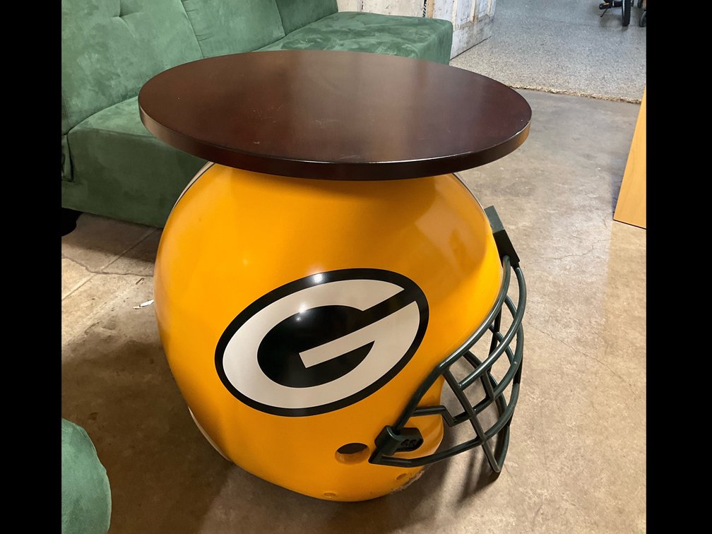 Large Packer helmet side table 24” diameter x 26” tall