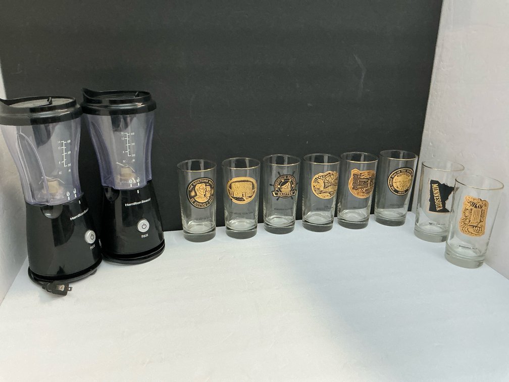 Two Hamilton Beach small blenders, Minnesota glasses