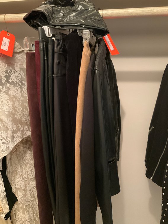 Leather pants & ladies clothingSize S -Bedroom closet