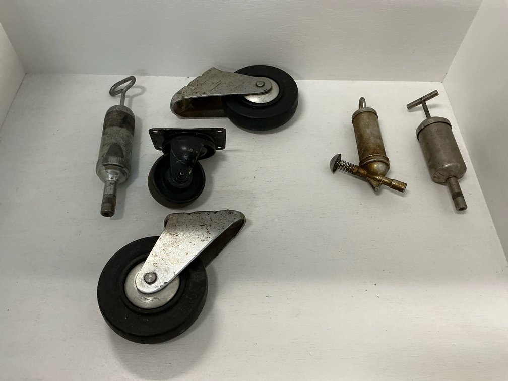 Alemite grease gun, oilers & caster wheels