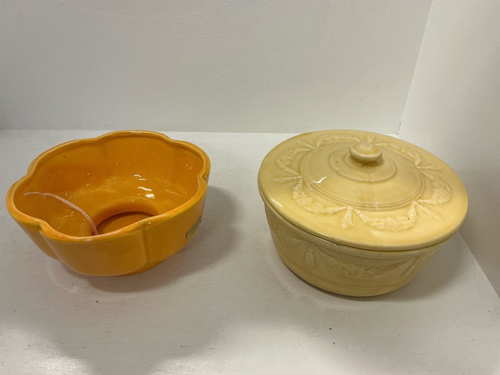 2 glazed ceramic dishes including lidded casserole
