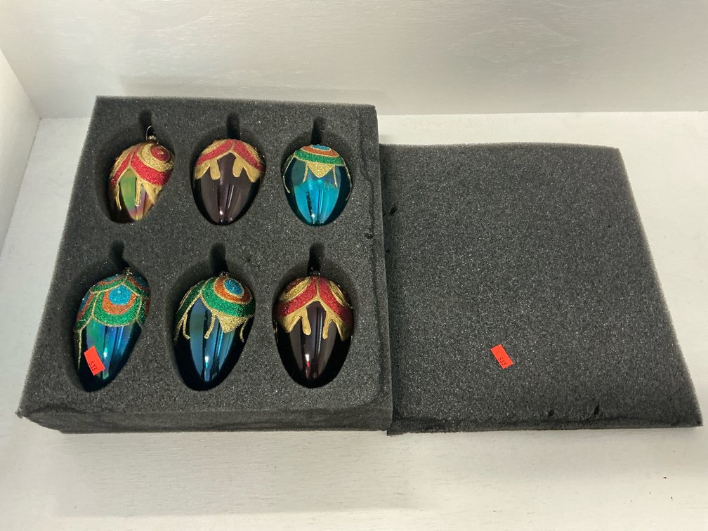 Set of blown glass peacock motif Christmas ornaments