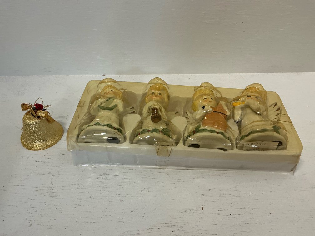 Set of 4 ceramic angel musician figurines & bell ornament