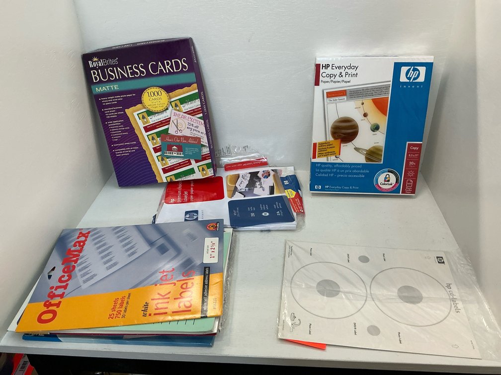 Assorted HP, OfficeMax & Royal Brites paper & labels