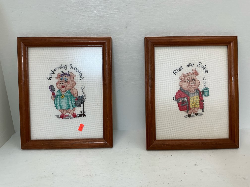 Pair of framed pig cross-stitch wall art 9x11”