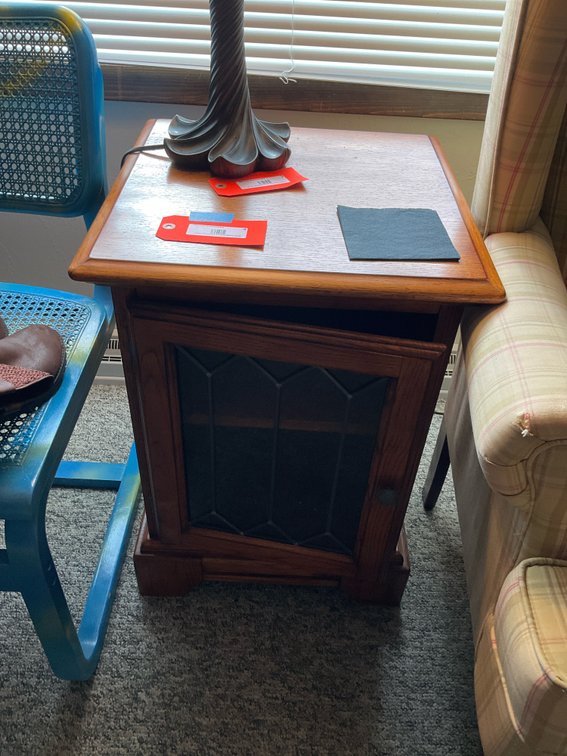 Wooden end table with glass-paneled door 18" x 18" x 25"