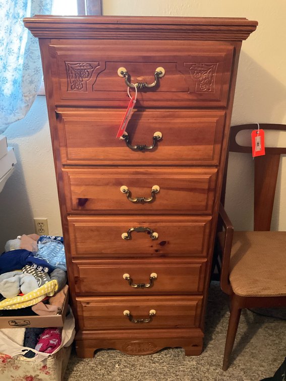 Bassett carved pine 6-drawer tall chest