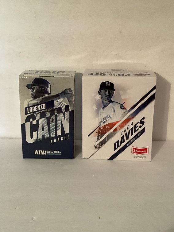 2 Milwaukee Brewers Cain & Davies bobbleheads in boxes