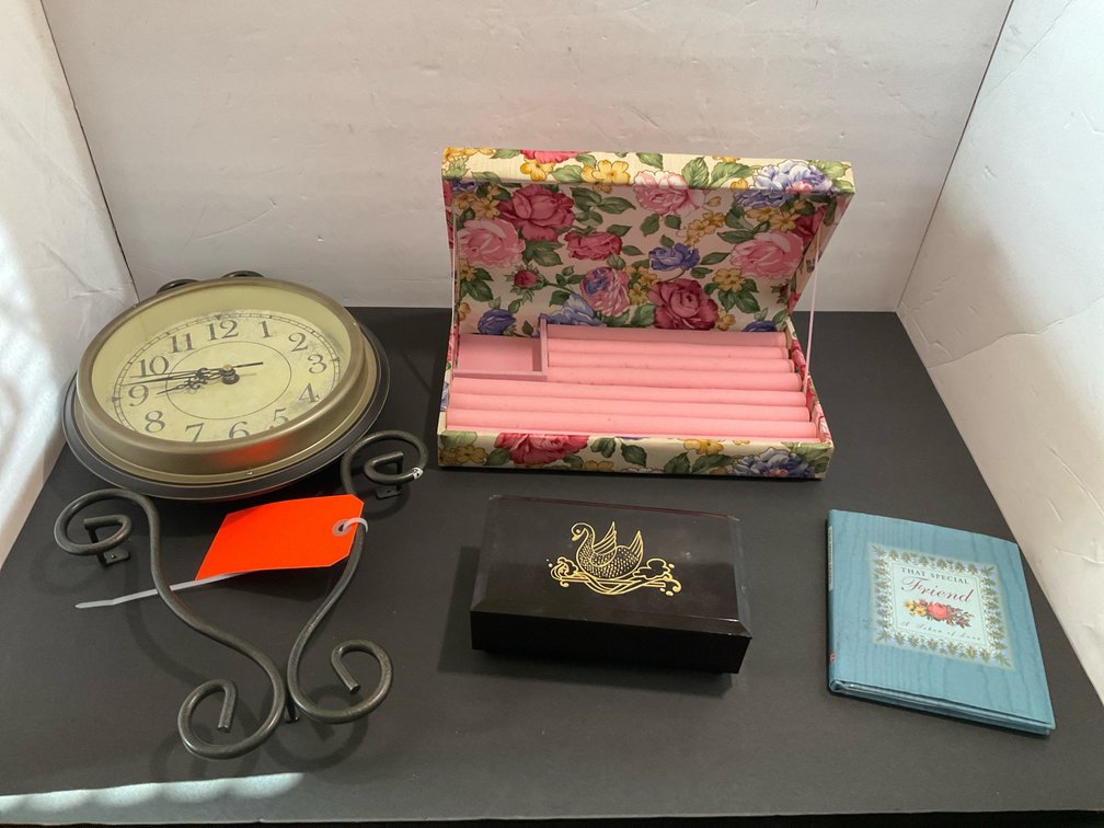 4-piece scrollwork clock & jewelry boxes
