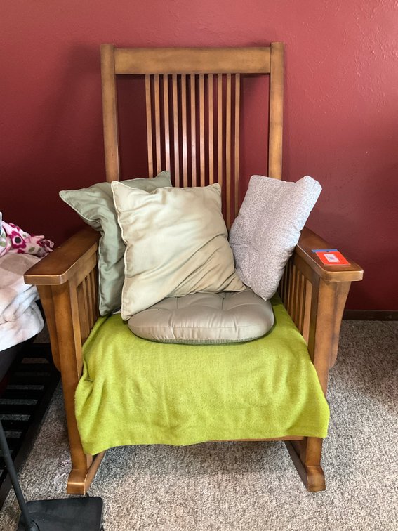Mission style wooden rocker, armchair & 4 cushions