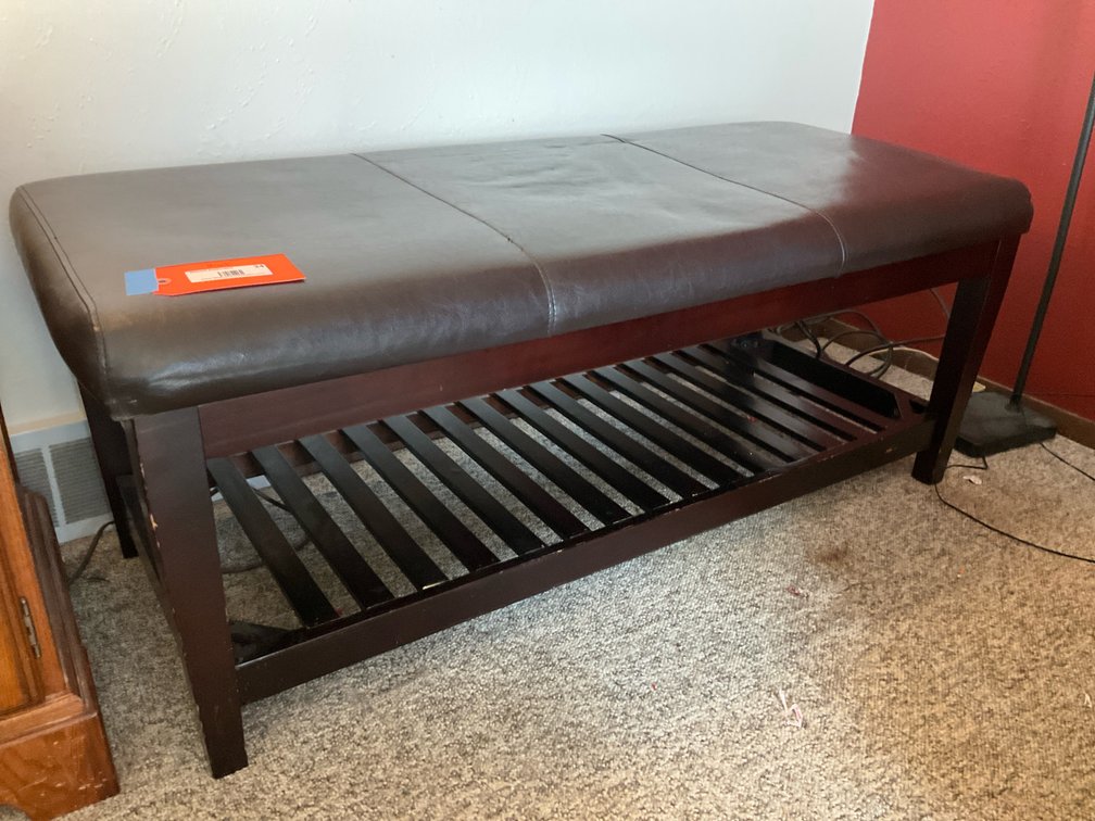 Dark wood bench with slatted shelf 48" x 20" x 19"