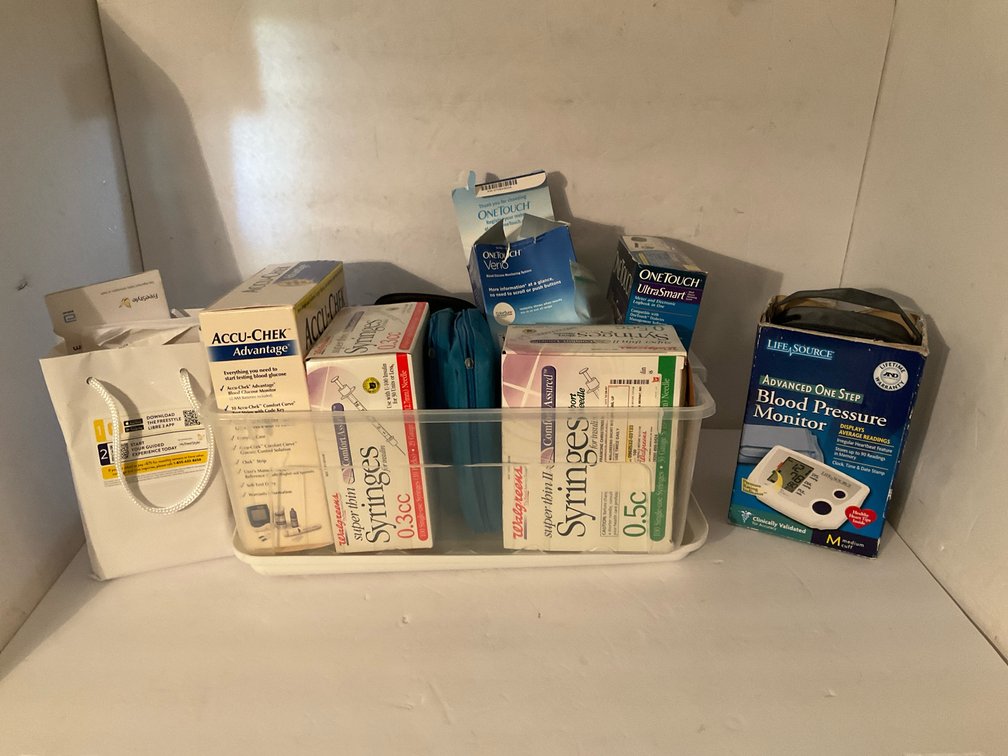 Grouping of diabetic supplies & blood pressure monitor