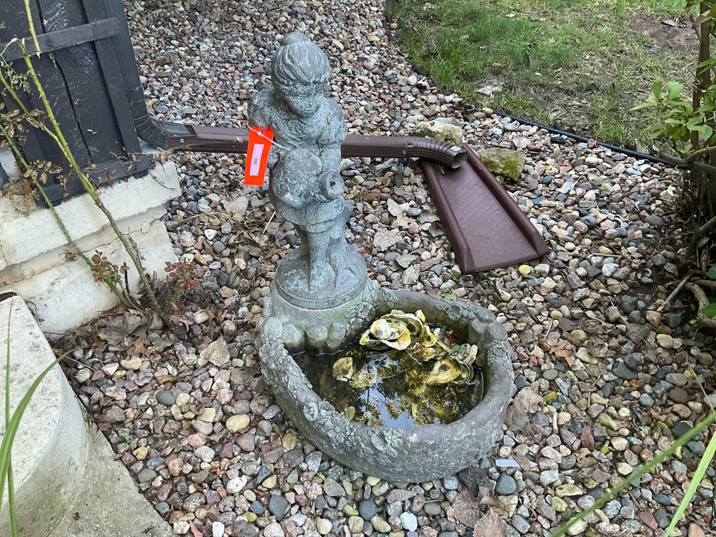 Cast concrete garden fountain with girl statue & basin 35” tall-Outside