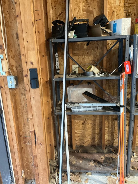 Grey steel utility shelving unit with contents 30” x 12” x 61”-Garage