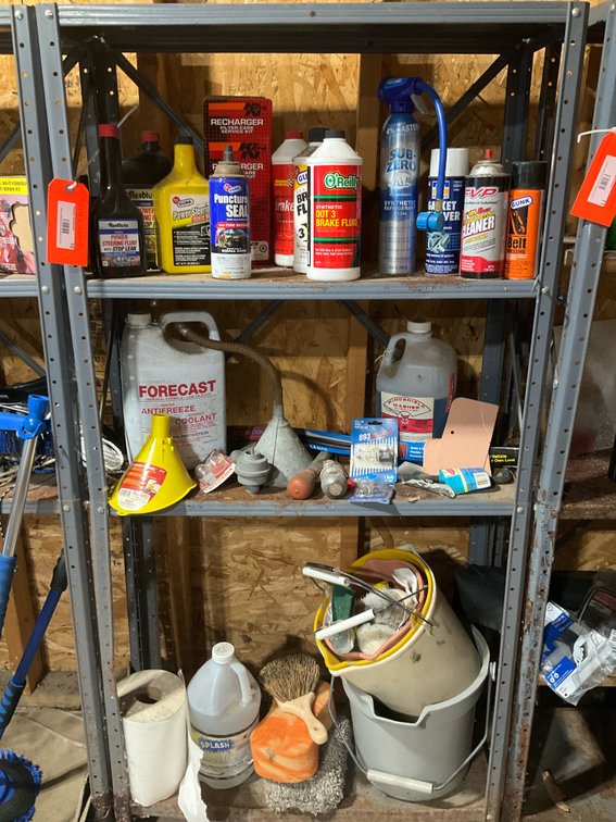 4-tier metal utility shelf with automotive supplies 36” x 12” x 61”