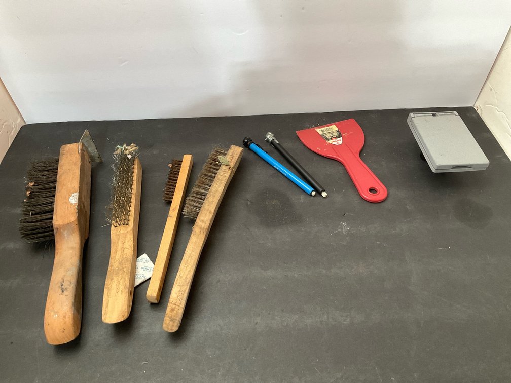 Wire brushes, tire gauges, putty knife & 30A RV receptacle