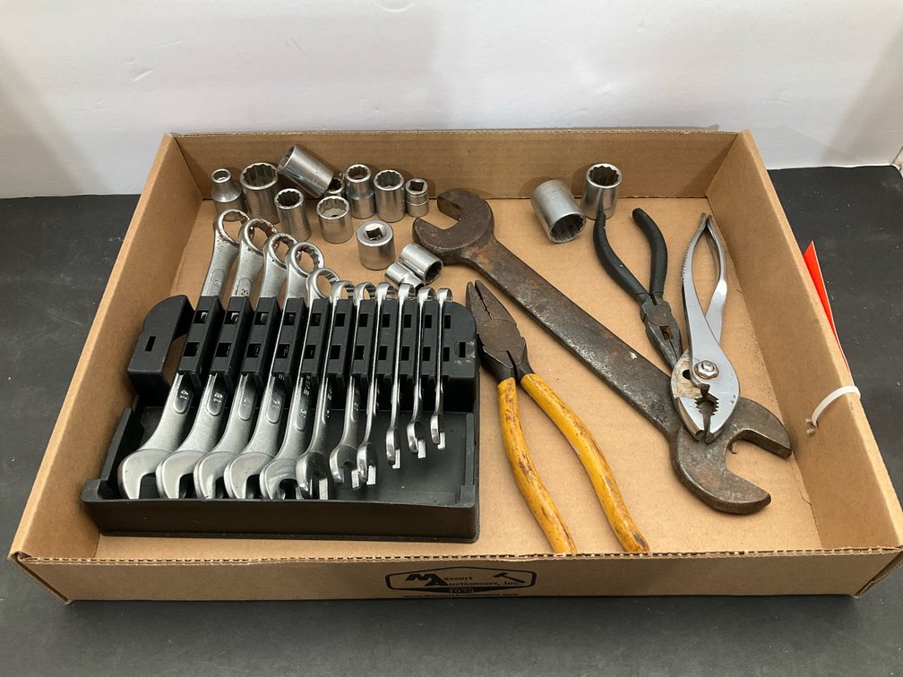 Assorted hand tools with wrenches, sockets & pliers