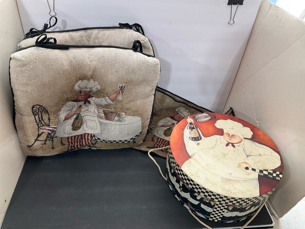 Chef tapestry chair cushions & round decorative box