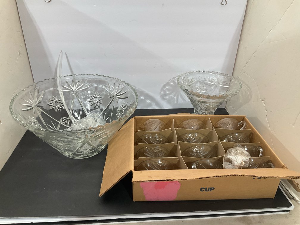 Clear pressed glass punch bowl set with 12 cups & ladle