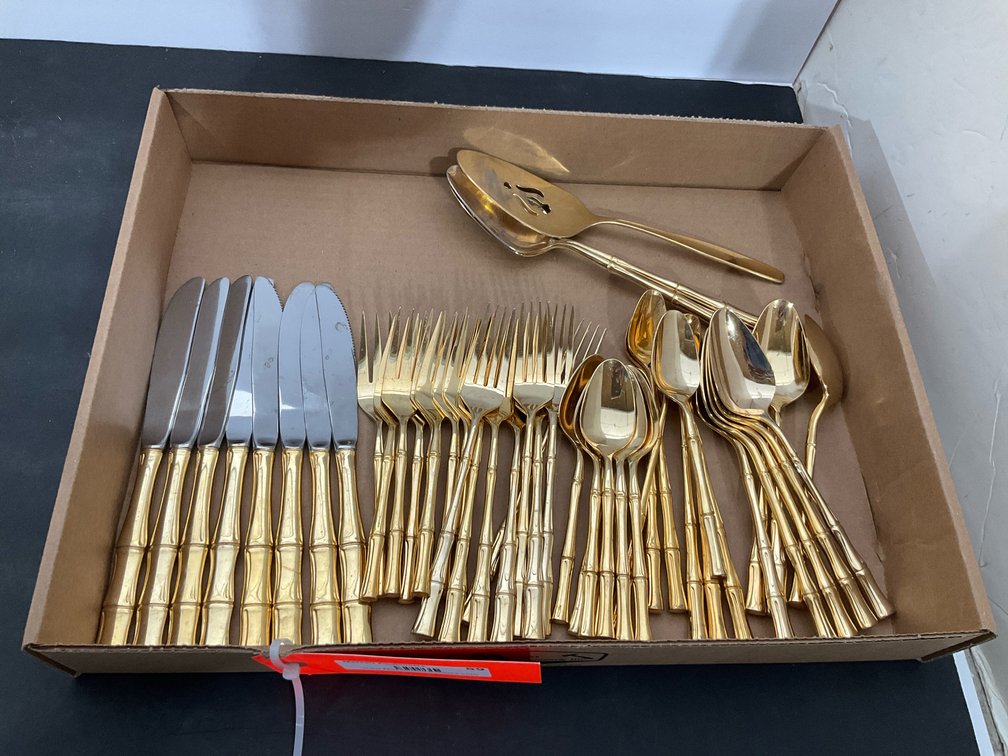 Gold-tone bamboo motif flatware set & serving pieces