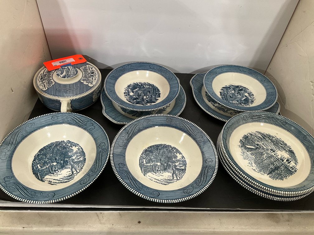Blue & white transferware ceramic dish set Currier & Ives