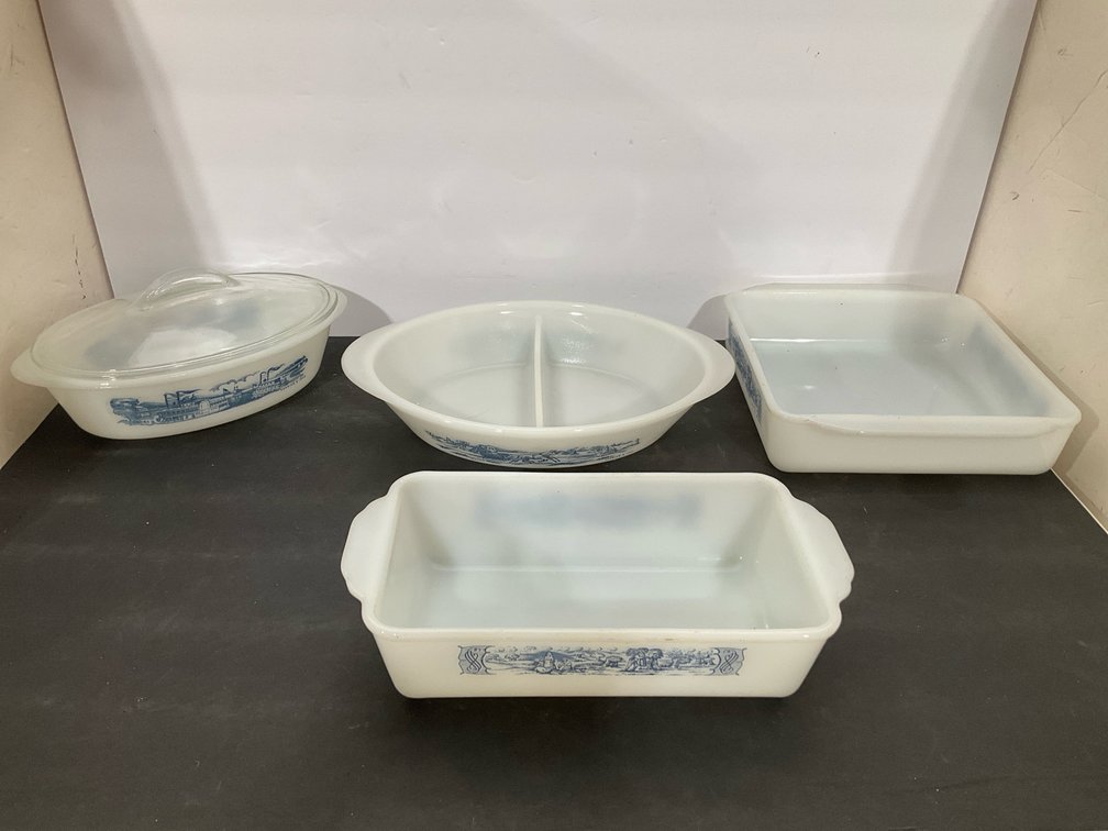 4 Currier & Ives milk glass baking dishes