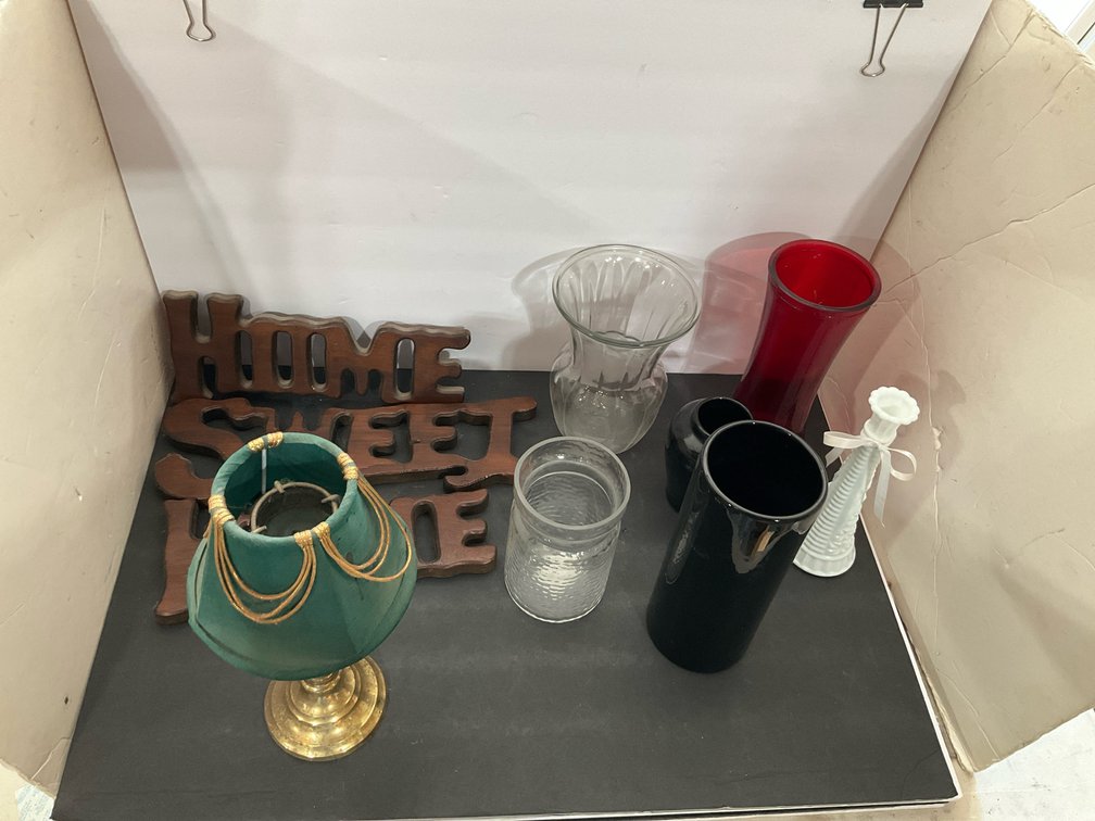Home decor grouping with table lamp, wood sign & vases