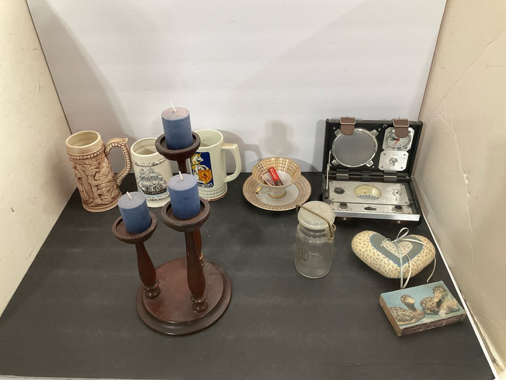 Ceramic steins, clock radio, candle holder & home decor