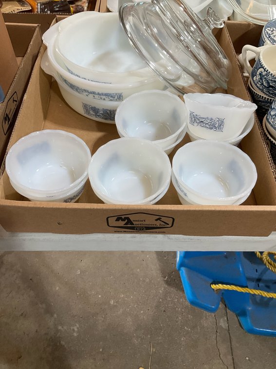 3 flats of blue & white transferware & milk glass dishes
