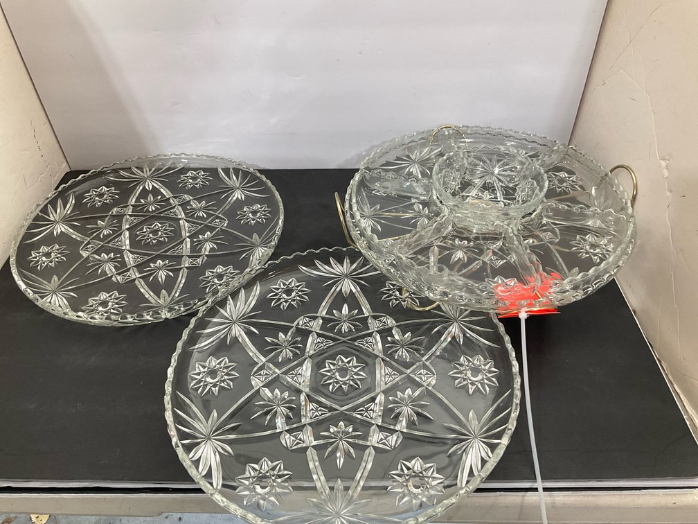 Pressed glass platters & divided dish with wire caddy