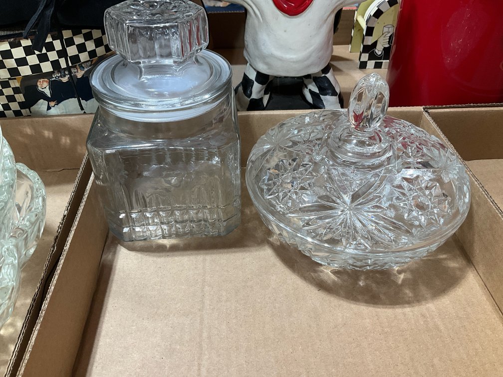 Clear pressed glass canister, vases & dishes