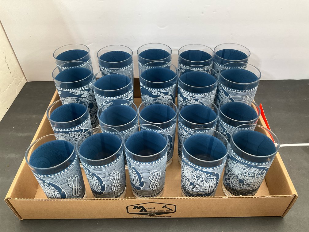 Grouping of blue & white printed glass tumblers