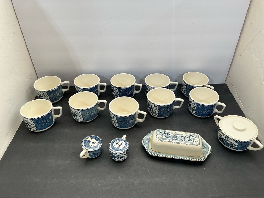 Currier & Ives blue & white transferware ceramic tableware set