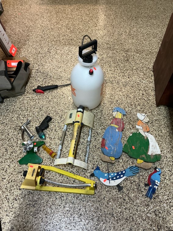 Lawn sprinklers, pump sprayer, nozzles & wood yard stakes