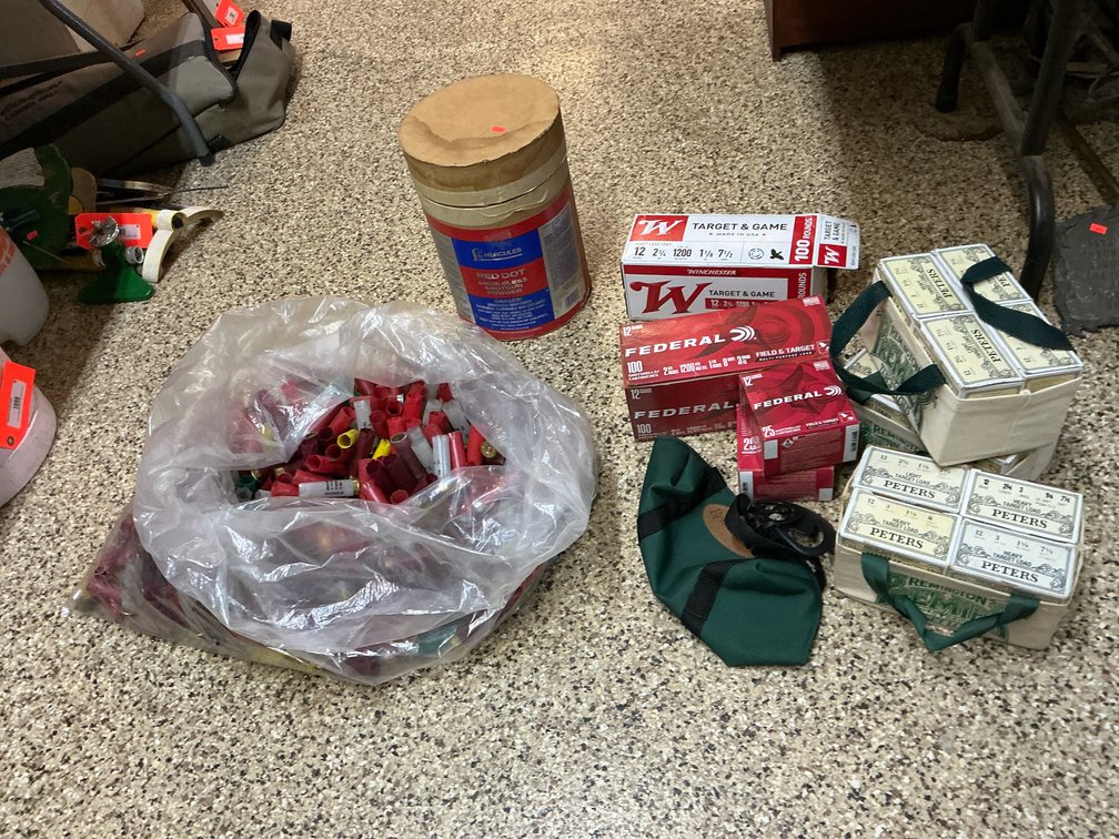 12-gauge shotgun empty shells, Hercules powder case & spent hulls